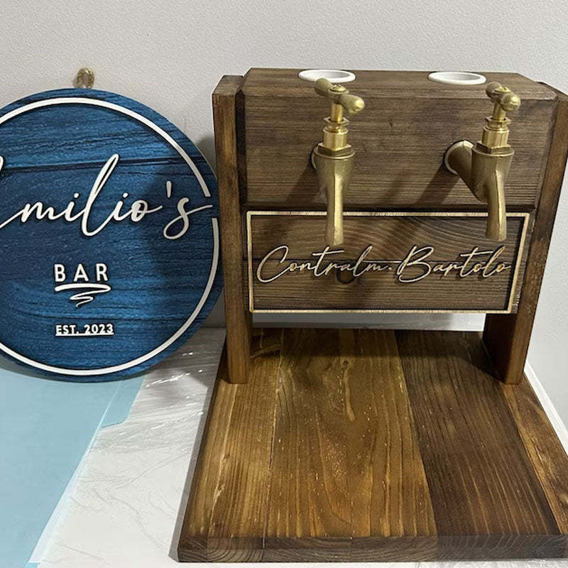 Personalized Embossed Named Wooden Double Faucet Whiskey Dispenser