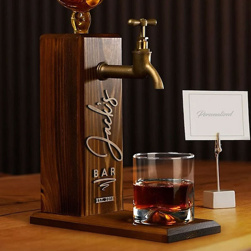 Personalized Embossed Named Wooden Double Faucet Whiskey Dispenser