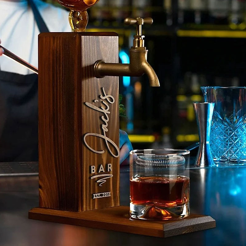 Personalized Embossed Named Wooden Double Faucet Whiskey Dispenser