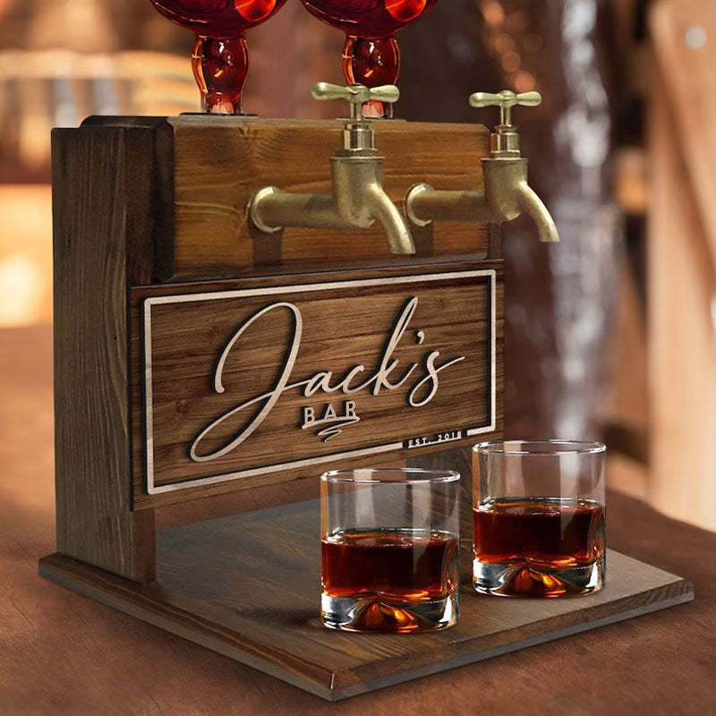 Personalized Embossed Named Wooden Double Faucet Whiskey Dispenser