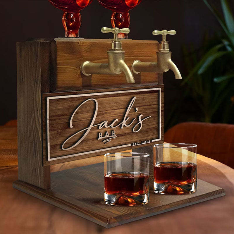 Personalized Embossed Named Wooden Double Faucet Whiskey Dispenser