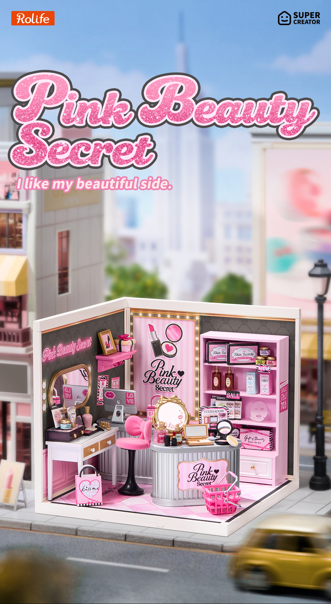 Pink Beauty Secret DW026 pink beauty shop scene with a street backdrop