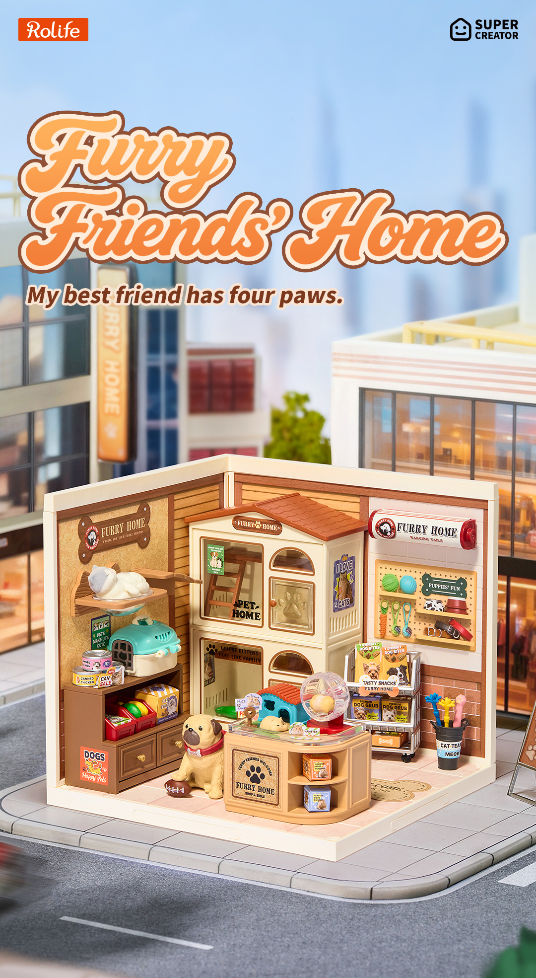 Furry Friends' Home DW027 cover scene with pet-themed mini house and city backdrop