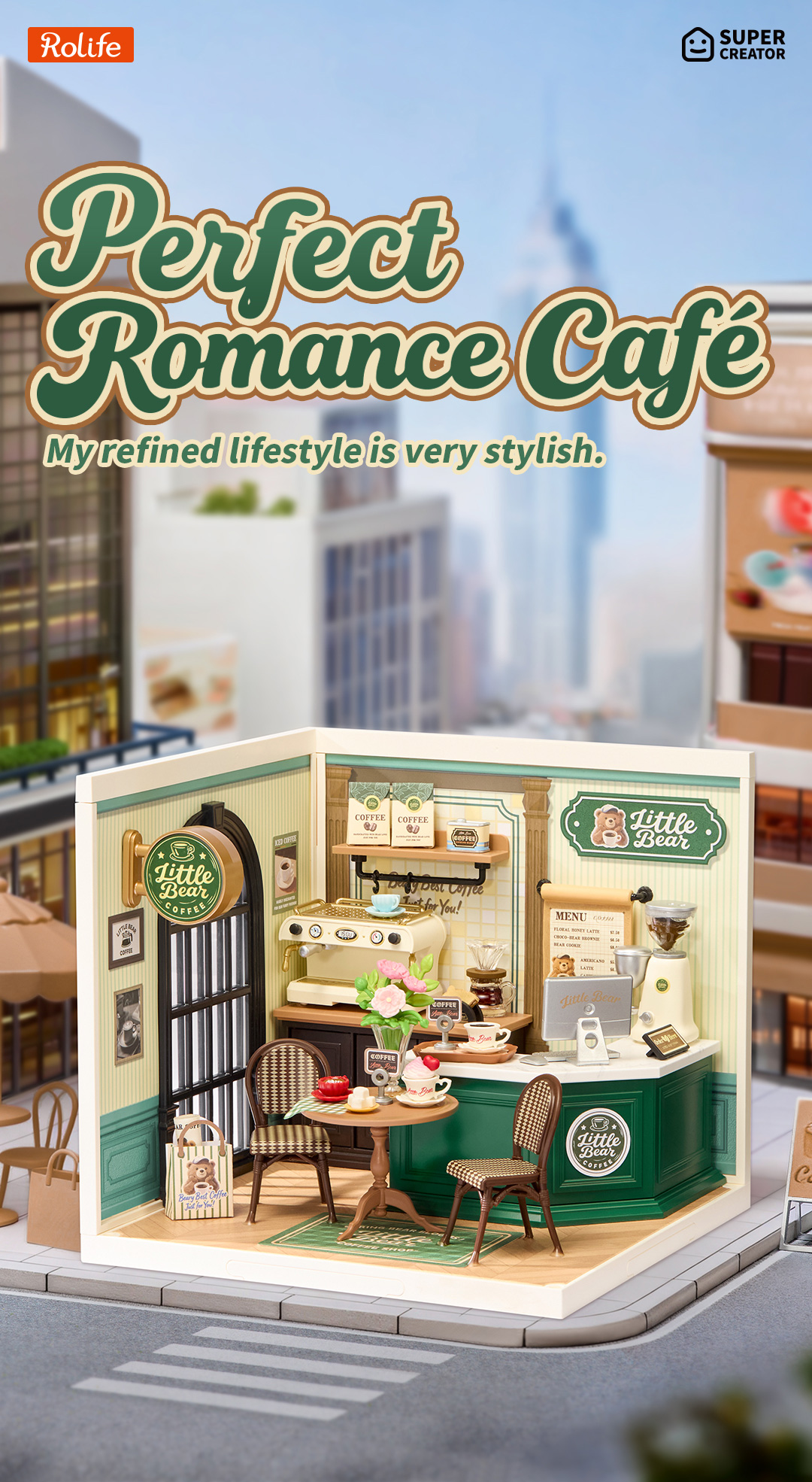 Perfect Romance Cafe launch card with green cafe house and street backdrop