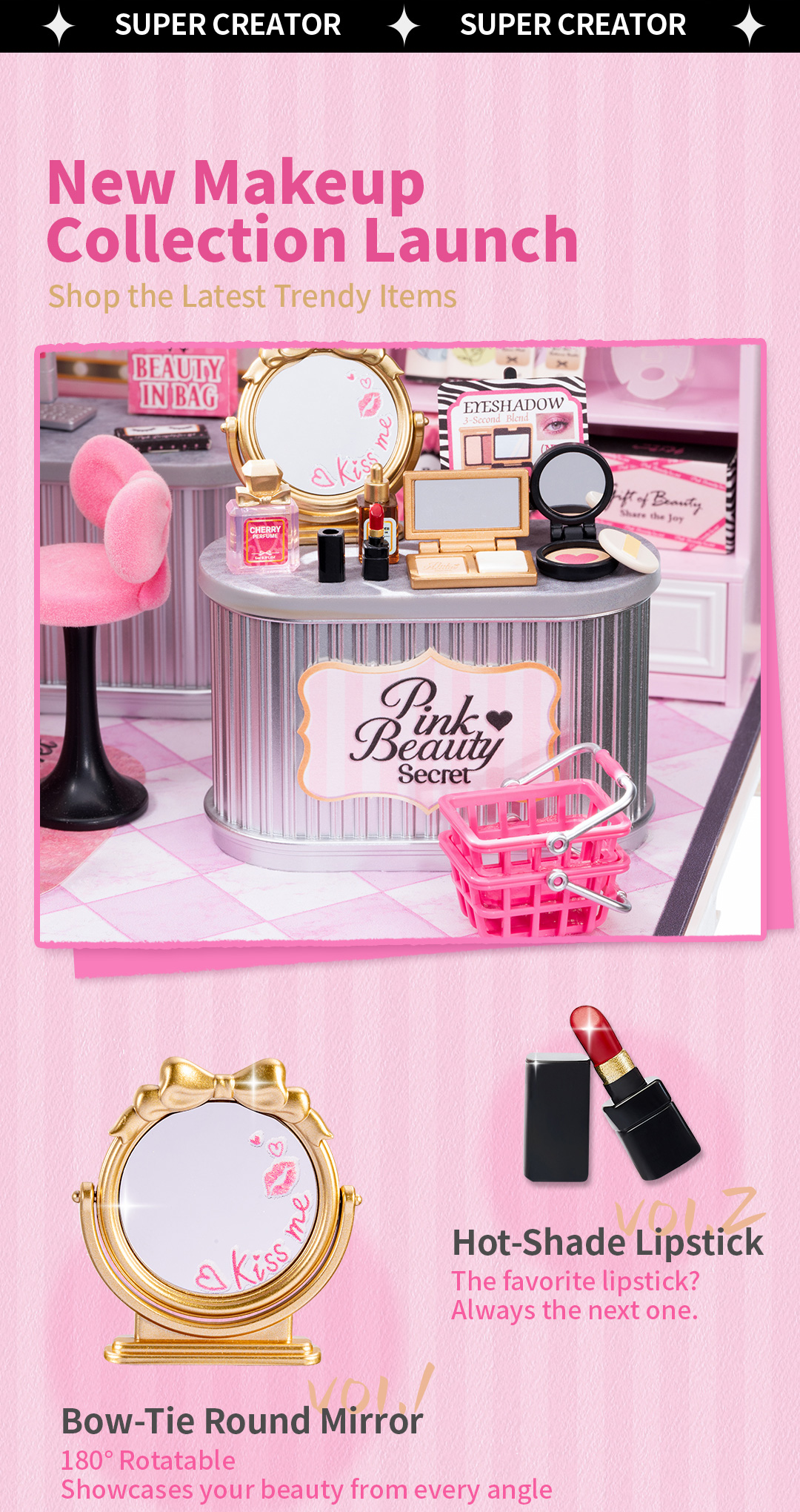 Pink Beauty Secret launch card with makeup counter, mirror, lipstick, and try-on items