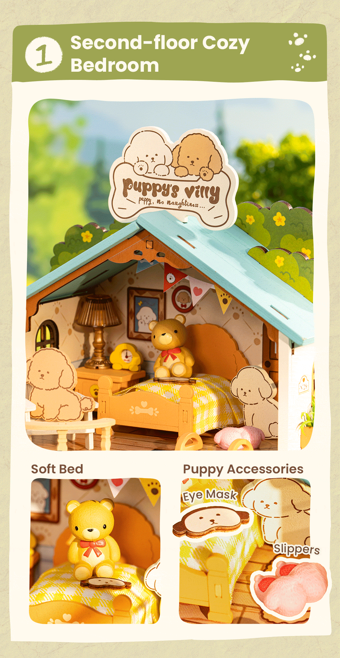Rolife DIY Miniature House - Puppy's Cozy Villa DG169 playful pet room detail graphic