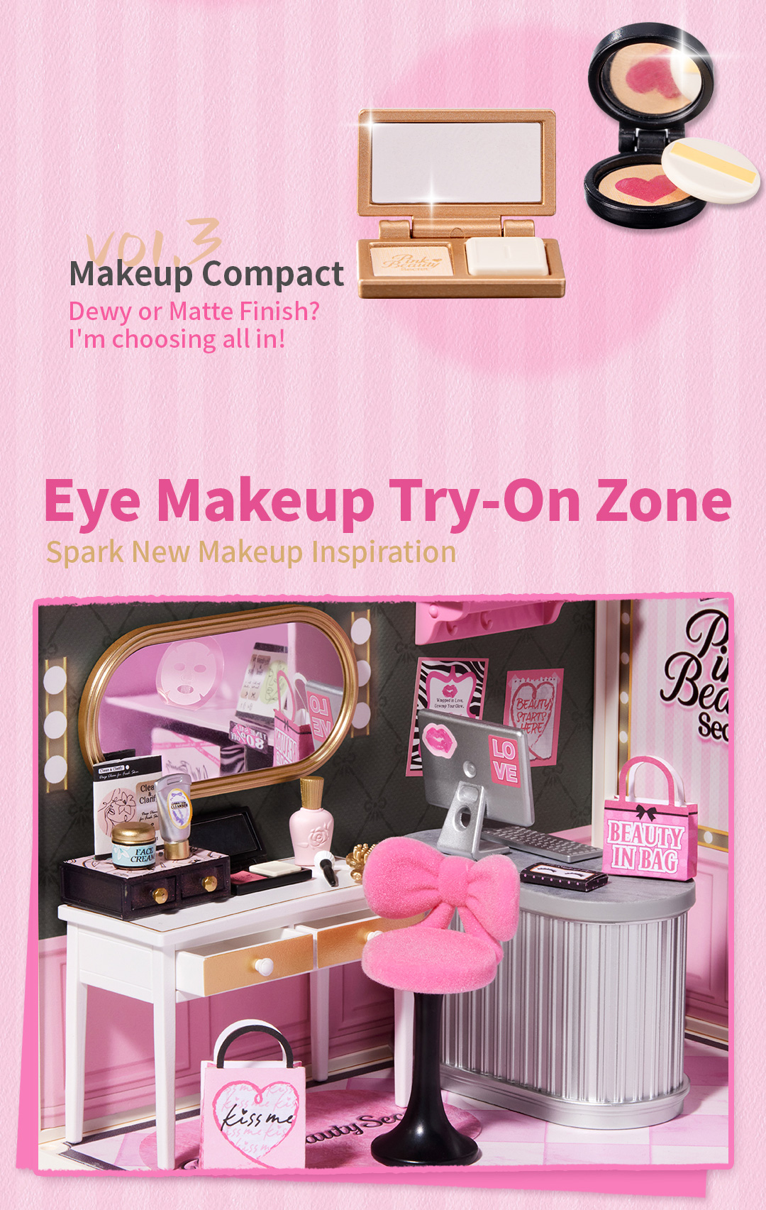 Eye Makeup Try-On Zone pink vanity display with mirror, stool, and cosmetics
