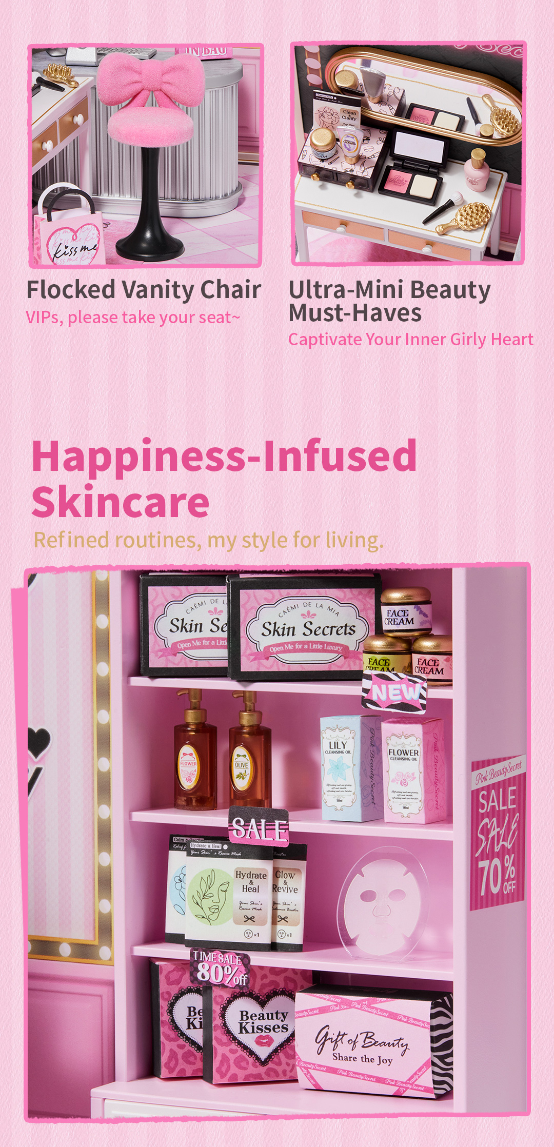 Pink Beauty Secret skincare shelf with flocked vanity chair and beauty mask display