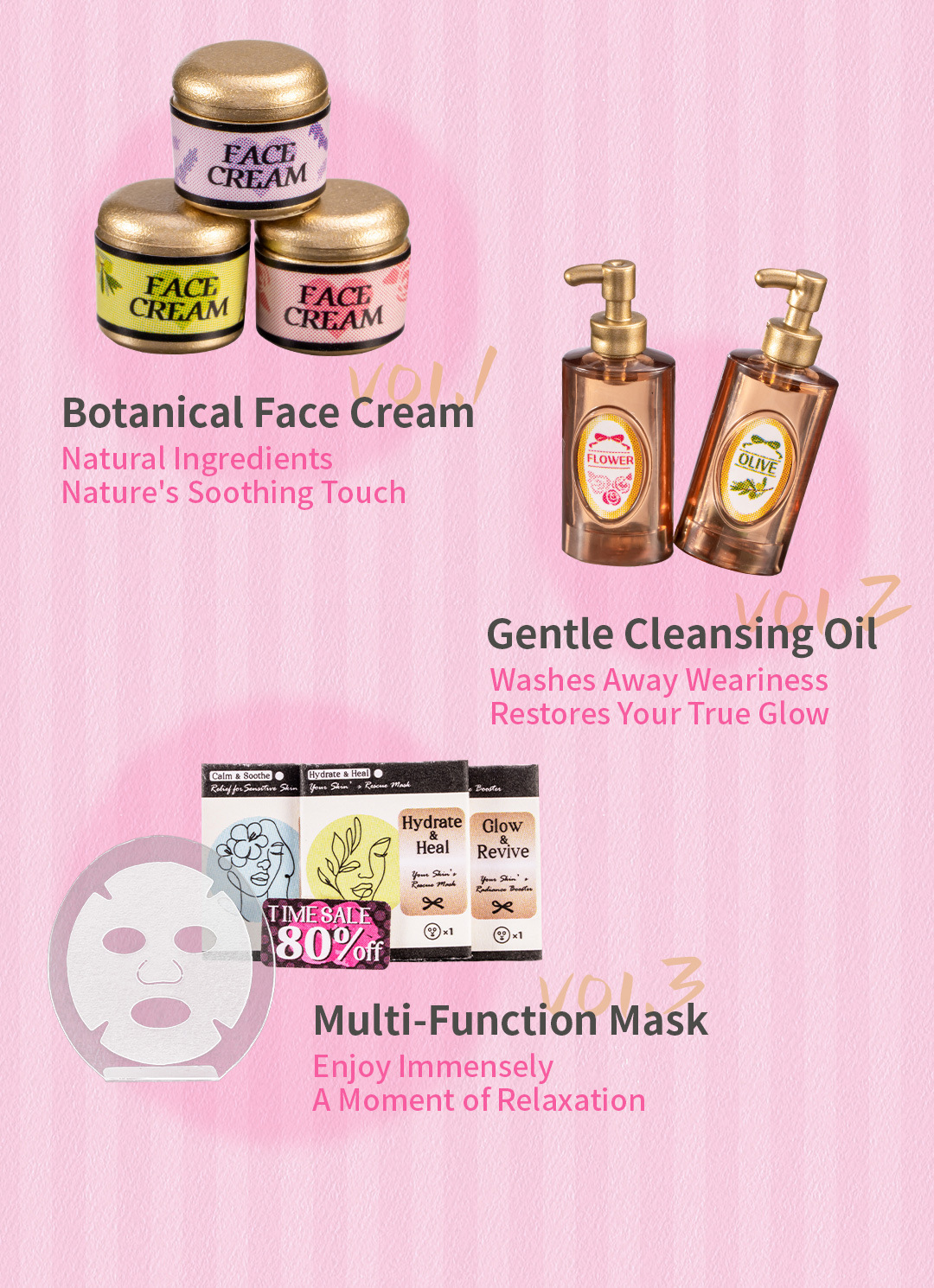 Pink Beauty Secret skincare products with face cream, cleansing oil, and multi-function mask