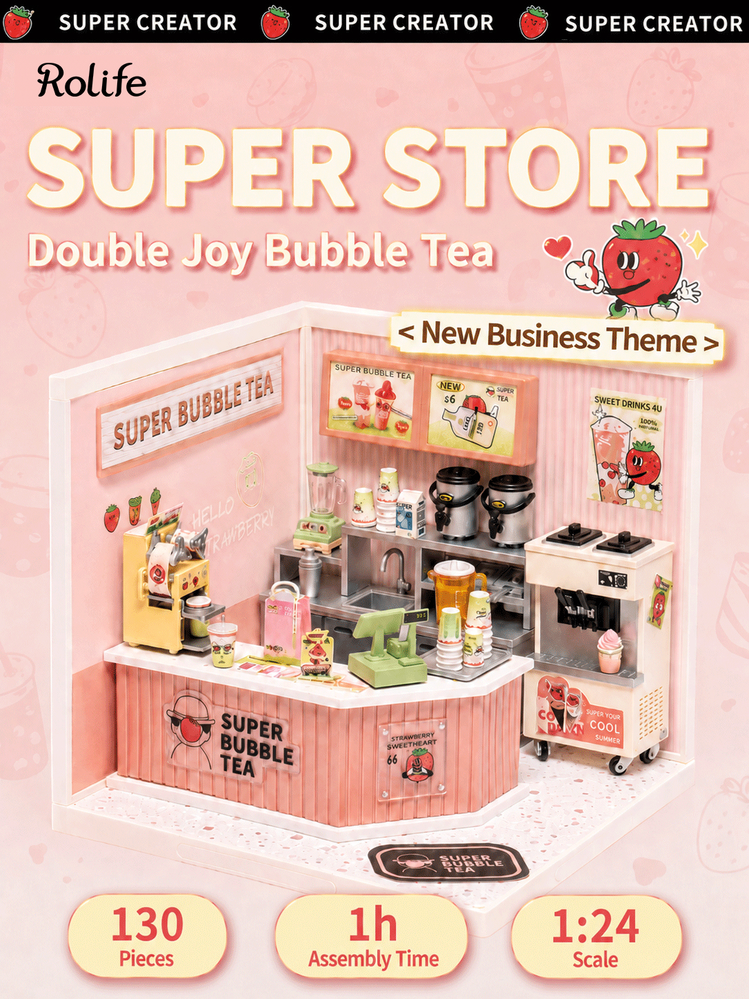 Rolife Double Joy Bubble Tea DW006 overview graphic with 130 pieces, 1 hour assembly time, and 1:24 scale