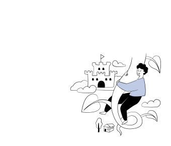 Black and cream illustration of a person building a tiny castle scene