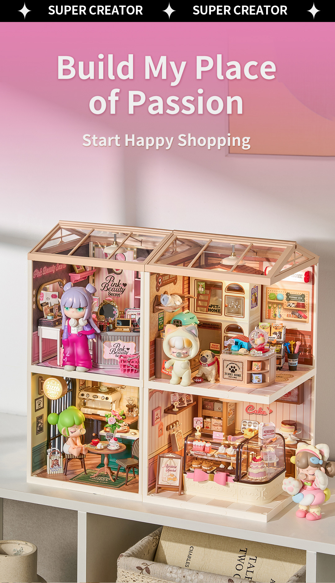 Super Creator modular miniature rooms stacked together for a customizable display scene