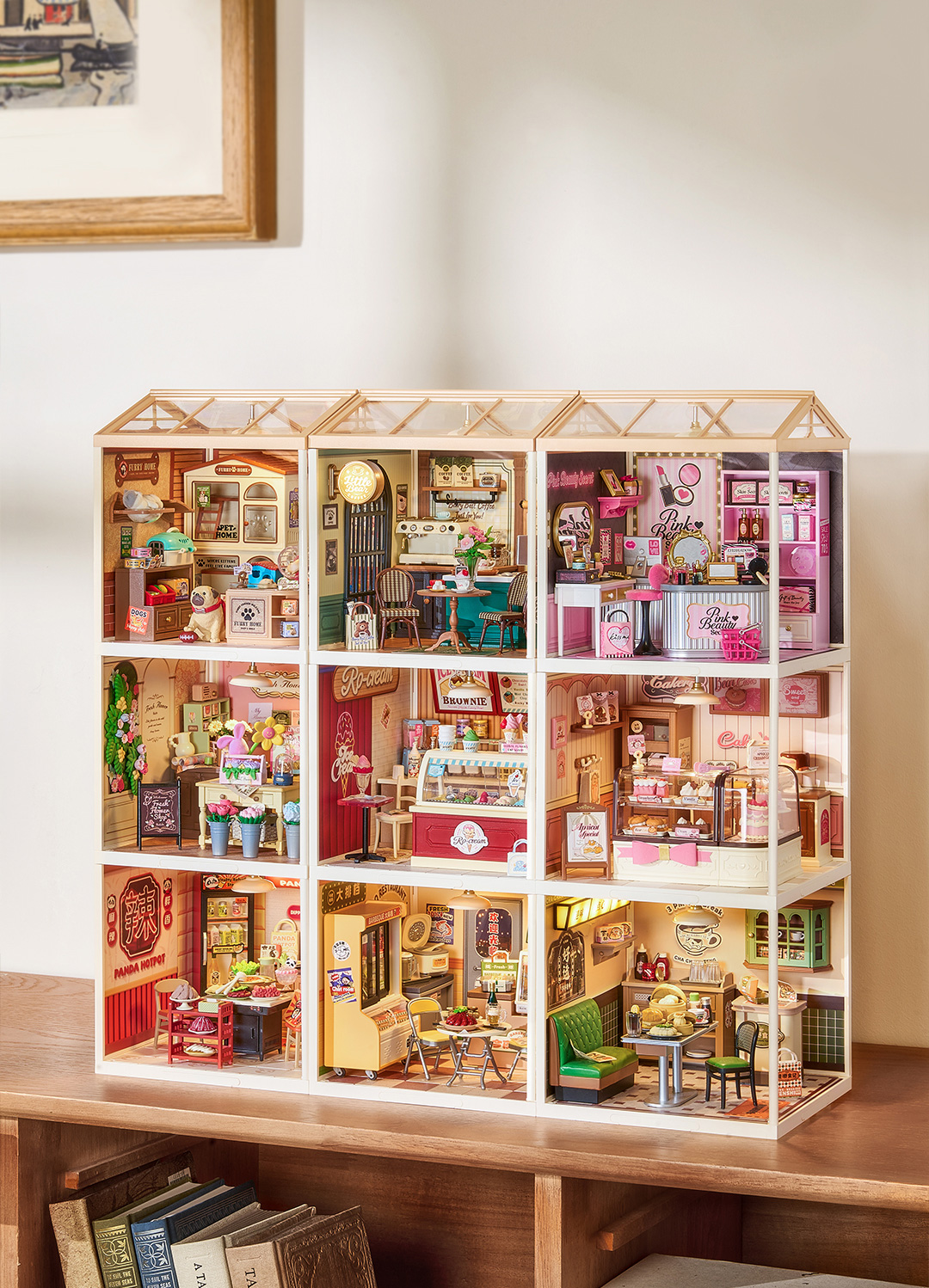 Super Creator collection arranged as a multi-room miniature shopping street display