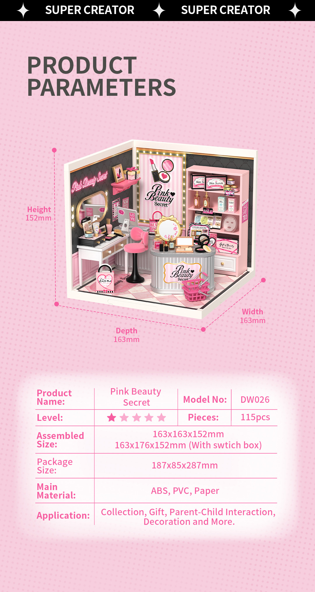 Pink Beauty Secret product parameters with 115 pieces, DW026 model, and 16.3x16.3x15.2cm size