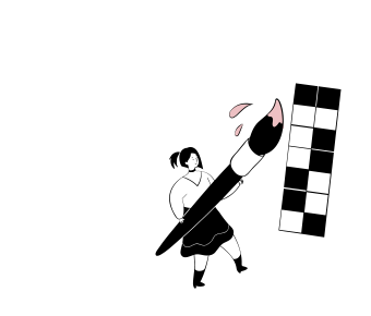 Black, cream and pink illustration of a person painting a tall checkerboard