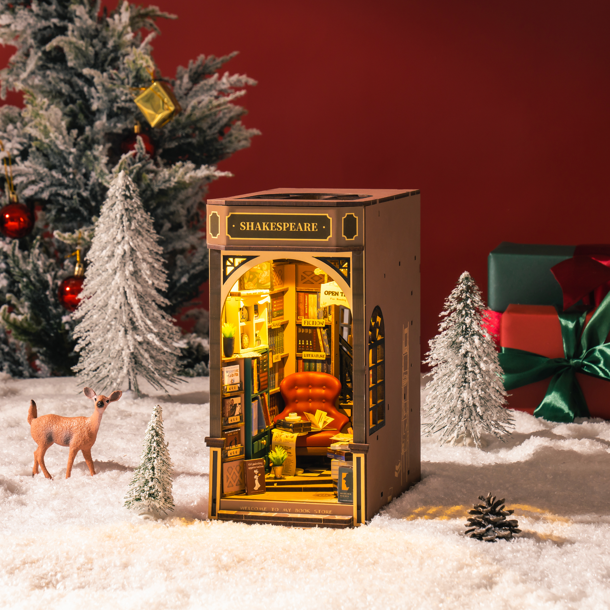 Rolife Book Nook Shelf Insert - Bookstore TGB07 on the christmas background