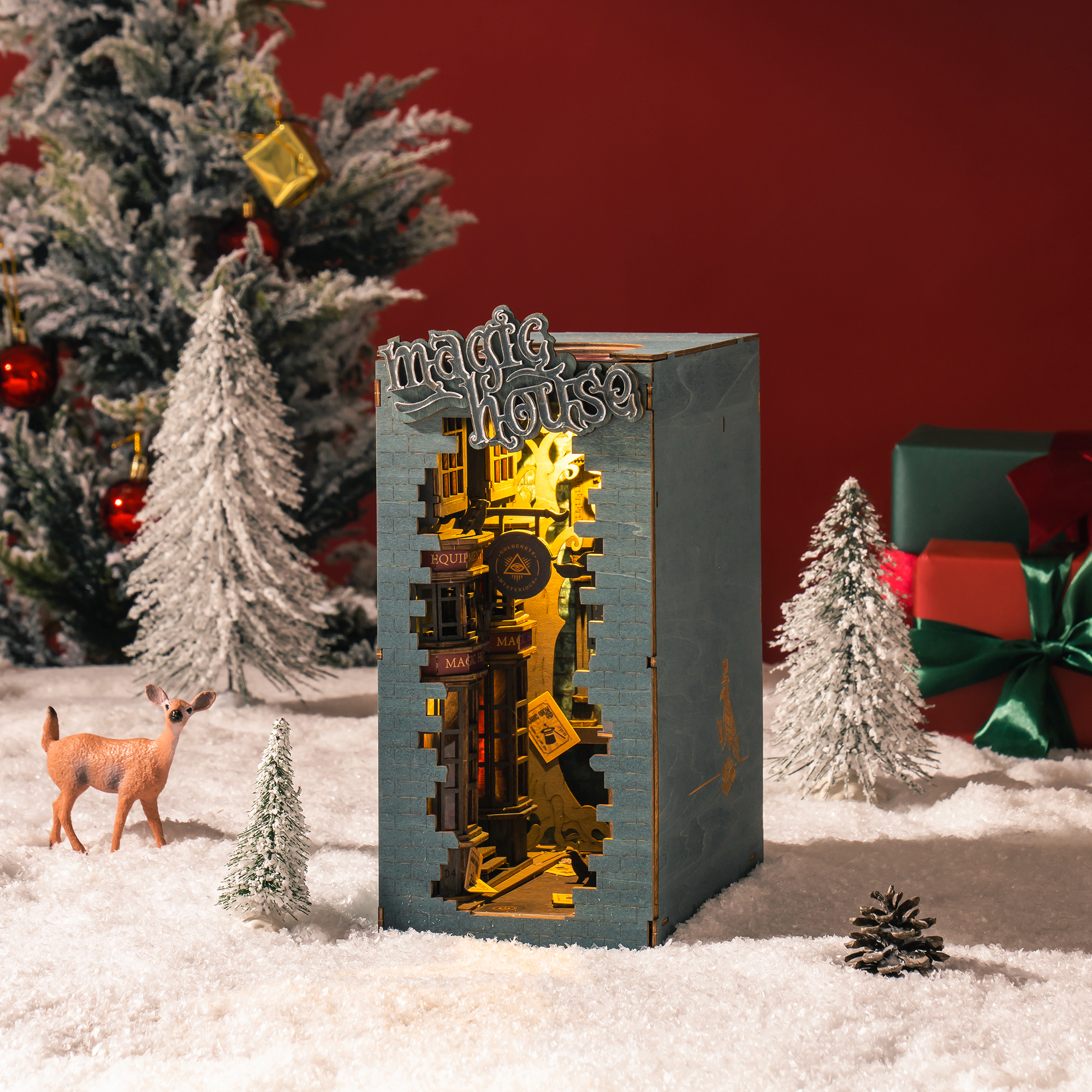 Rolife Book Nook Shelf Insert  - Magic House TGB03 on the christmas background