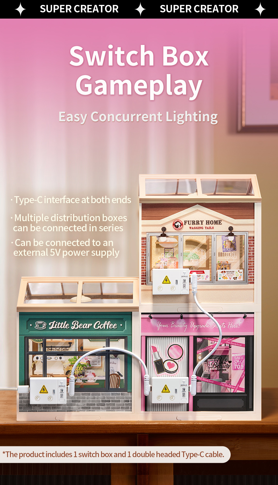 Super Creator switch box power connection guide for concurrent lighting between miniature rooms