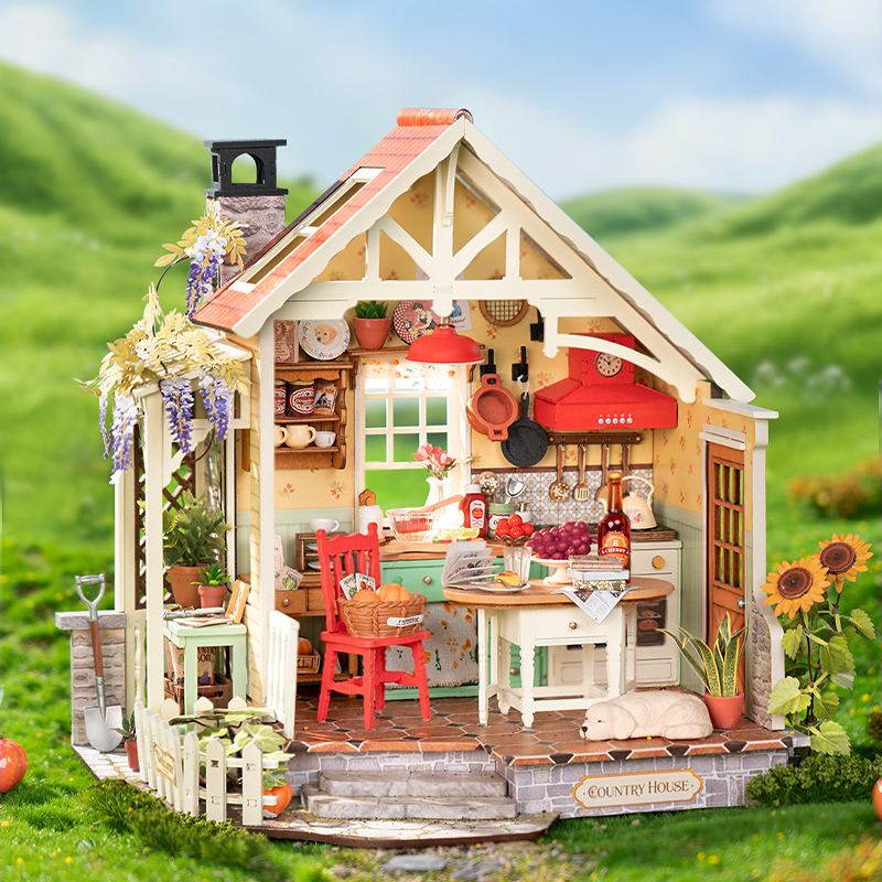 Rolife Sunlit Farmhouse Kitchen DH101 miniature house in a sunny countryside display scene