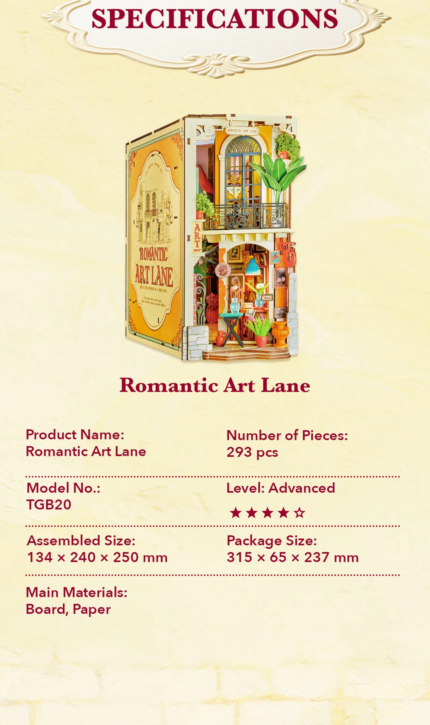Romantic Art Lane specifications: 293 pieces, model TGB20, advanced level, assembled size 134 x 240 x 250 mm, package size 315 x 65 x 237 mm, board and paper materials.