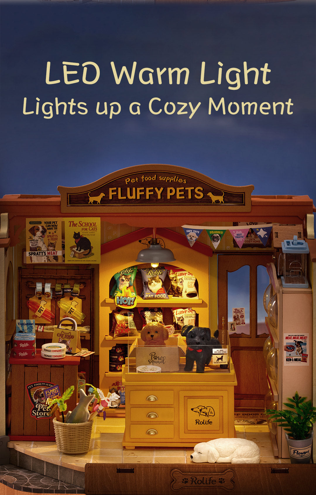 Fluffy Friends Store detail image showing Shelves Stocked for Every Pet: Well-stocked shelves make the miniature pet shop feel rich and realistic.
