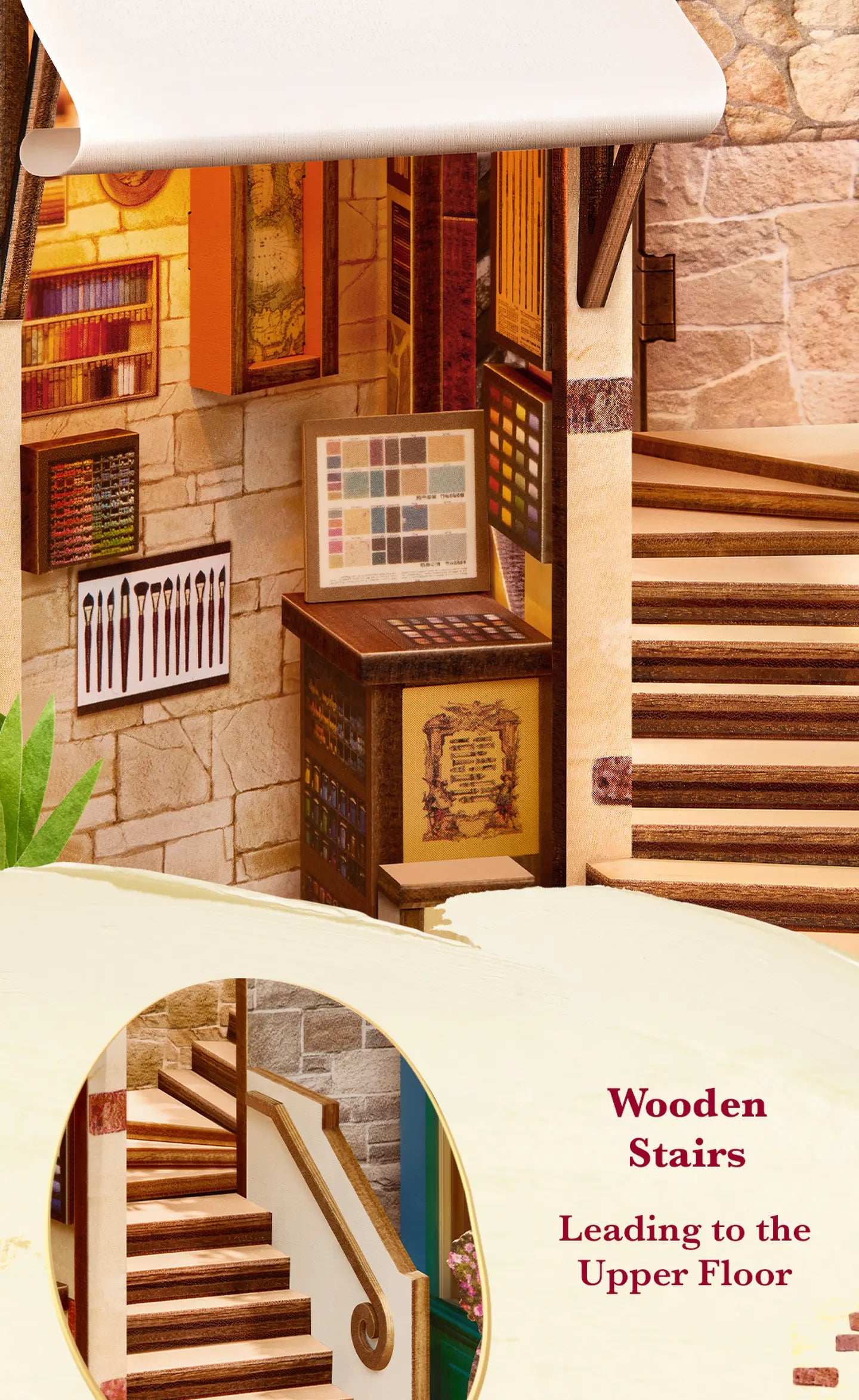 Miniature art supply store interior with stone walls, shelves of paint tubes, brush display, color swatch board, wooden counter, and wooden stairs leading upward.