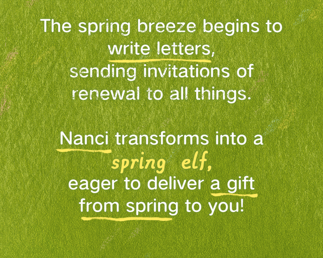 Rolife Nanci Spring Bear MN003 spring story text panel on a green background.