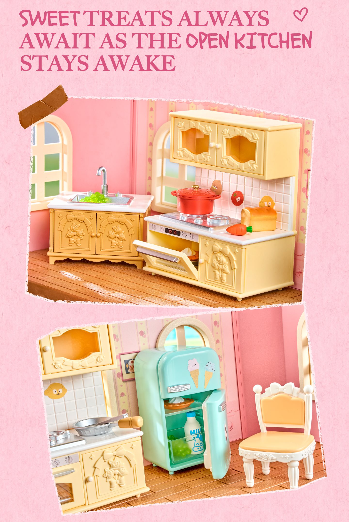 Fairy Rose Cottage kitchen and furniture detail with cabinets, fridge, and vanity