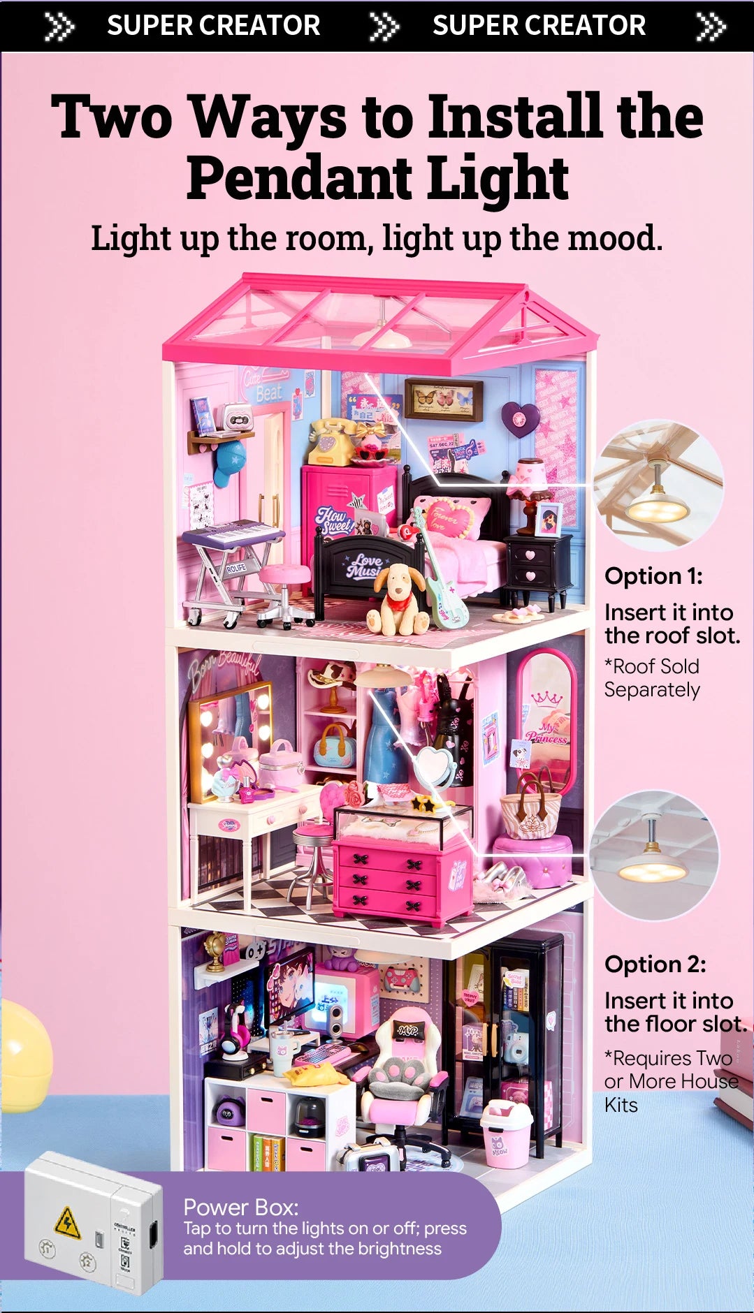 Pink-roofed three-storey miniature house with bedroom, dressing room and gaming room, plus close-ups of a pendant light and instructions for roof-slot or floor-slot installation; a power box is shown.