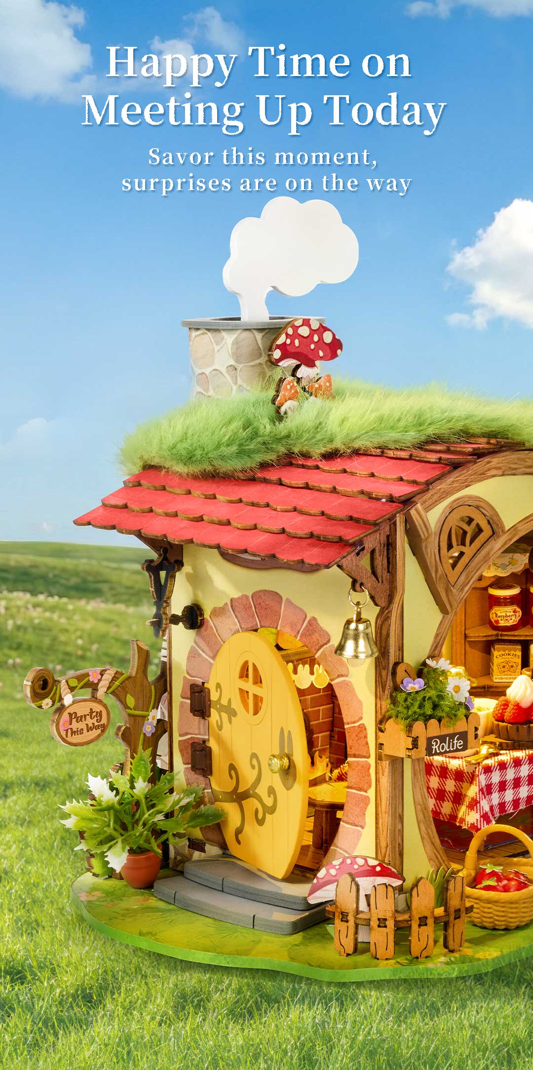 Fluffy Grove cottage exterior with grass roof, red shingles, round door, signpost, and flower cart