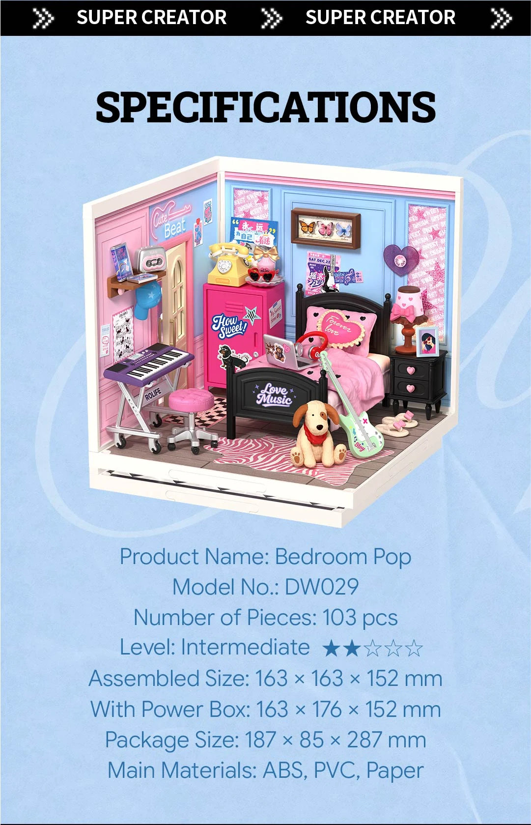 Rolife Bedroom Pop miniature bedroom with pink bed, keyboard, guitar and dog, shown above printed specs: 103 pcs, intermediate level, assembled size 163 × 163 × 152 mm, package 187 × 85 × 287 mm, ABS/PVC/paper.