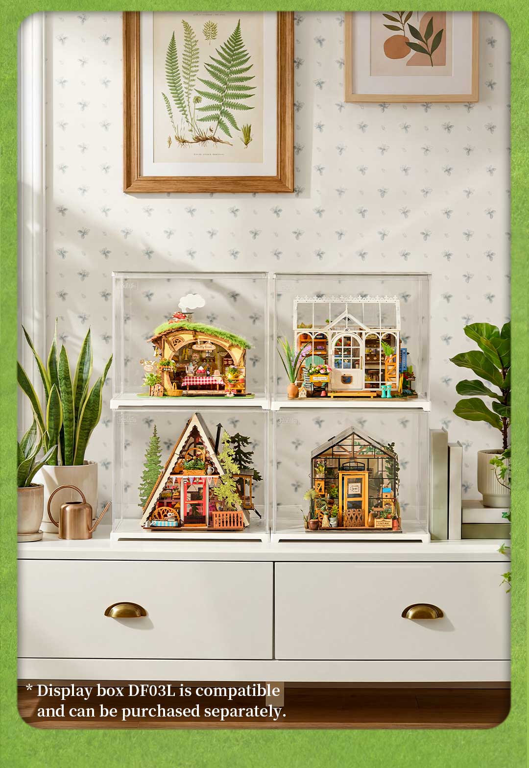 Fluffy Grove collection display with four Rolife miniature houses arranged on a white cabinet