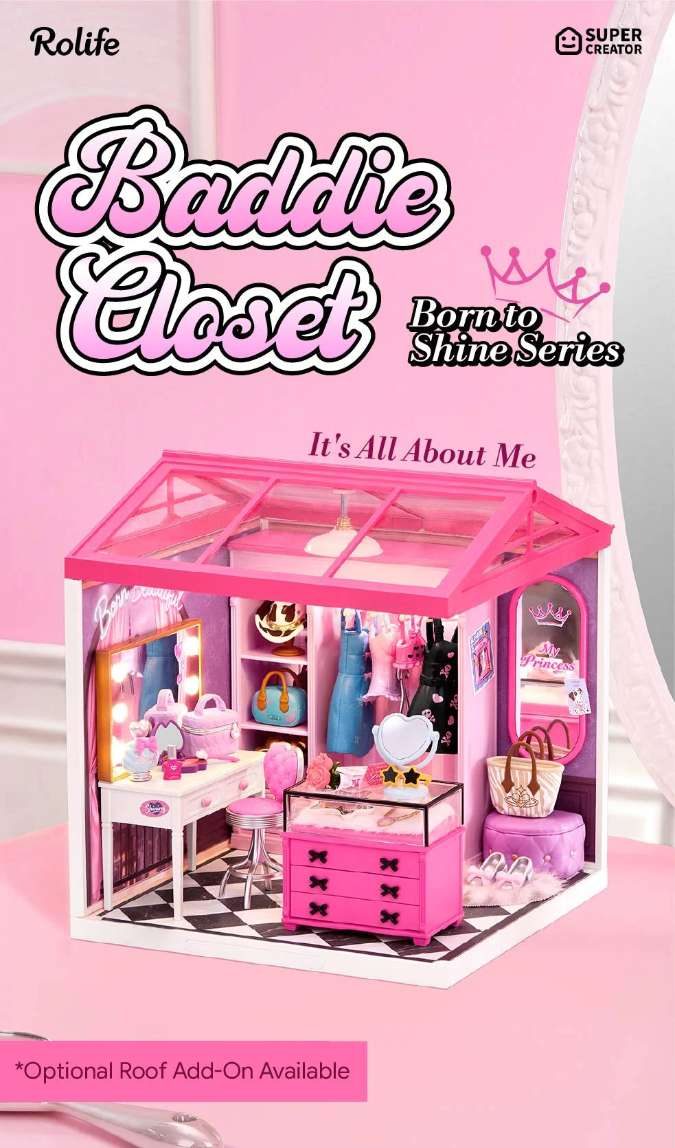 Pink-roofed miniature closet room with vanity mirror, pink drawers, clothing rack, handbags, stool and checkered floor; text reads Baddie Closet, Born to Shine Series.