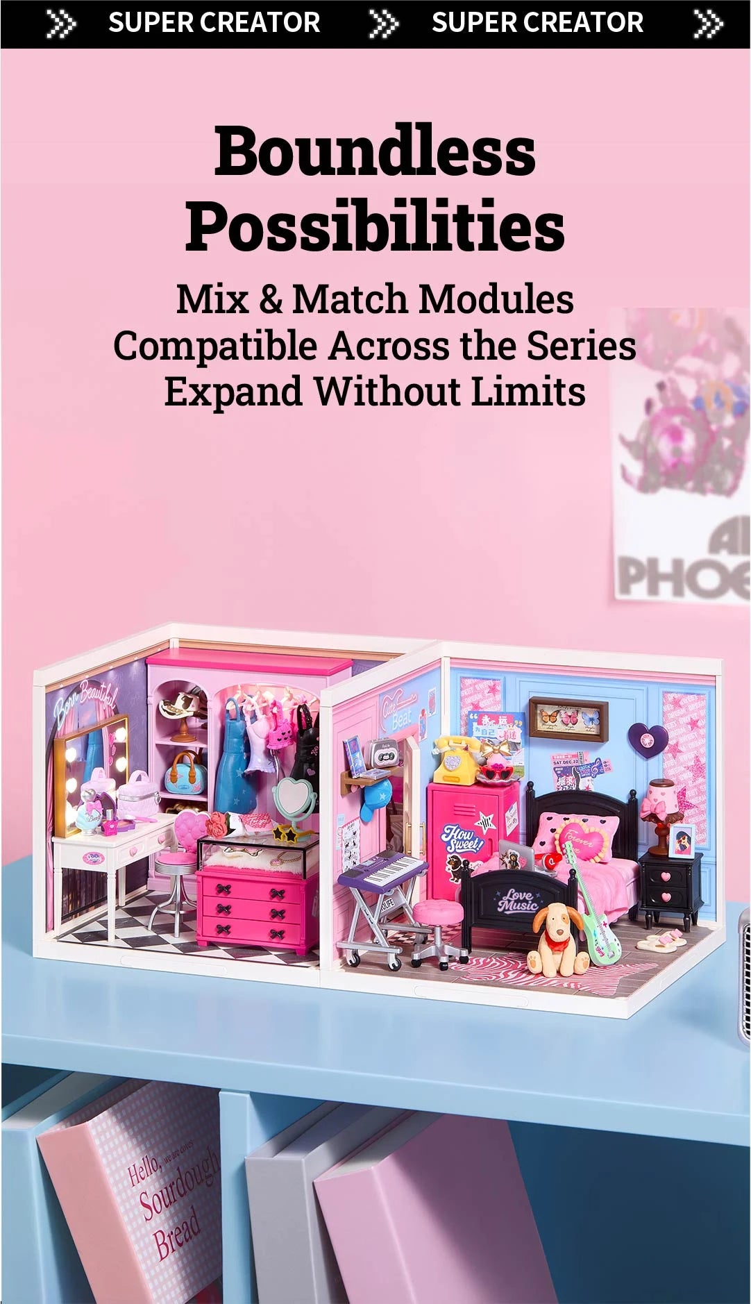 Two connected miniature room modules, a pink vanity and wardrobe room beside a blue bedroom with pink locker, keyboard and bed, on a blue shelf.