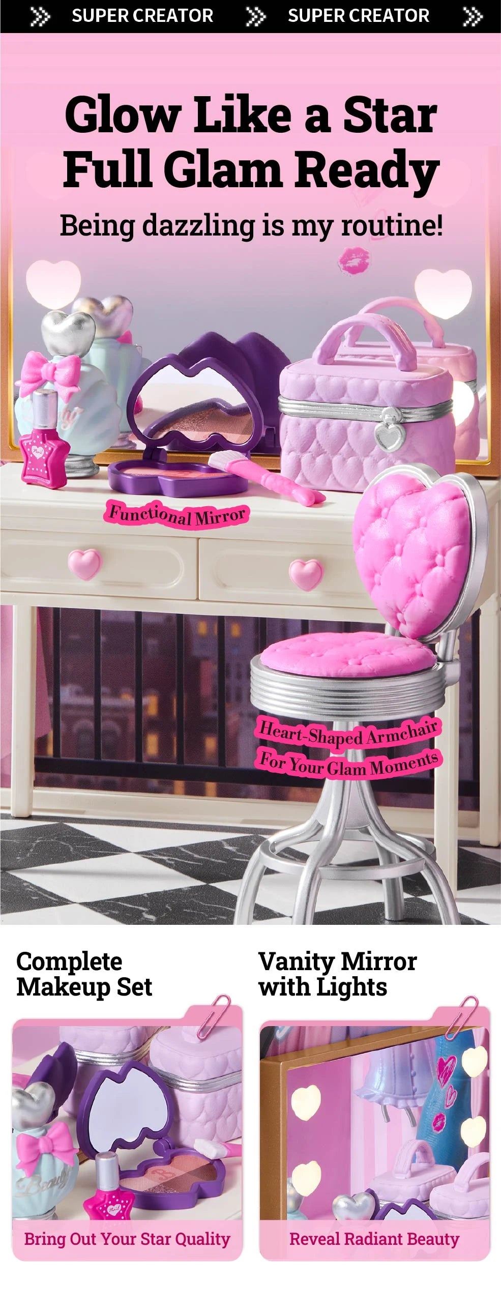 Close-up of a miniature vanity with heart-shaped mirror, pink quilted stool, makeup set and pink bag; labels read Functional Mirror and Heart-Shaped Armchair.