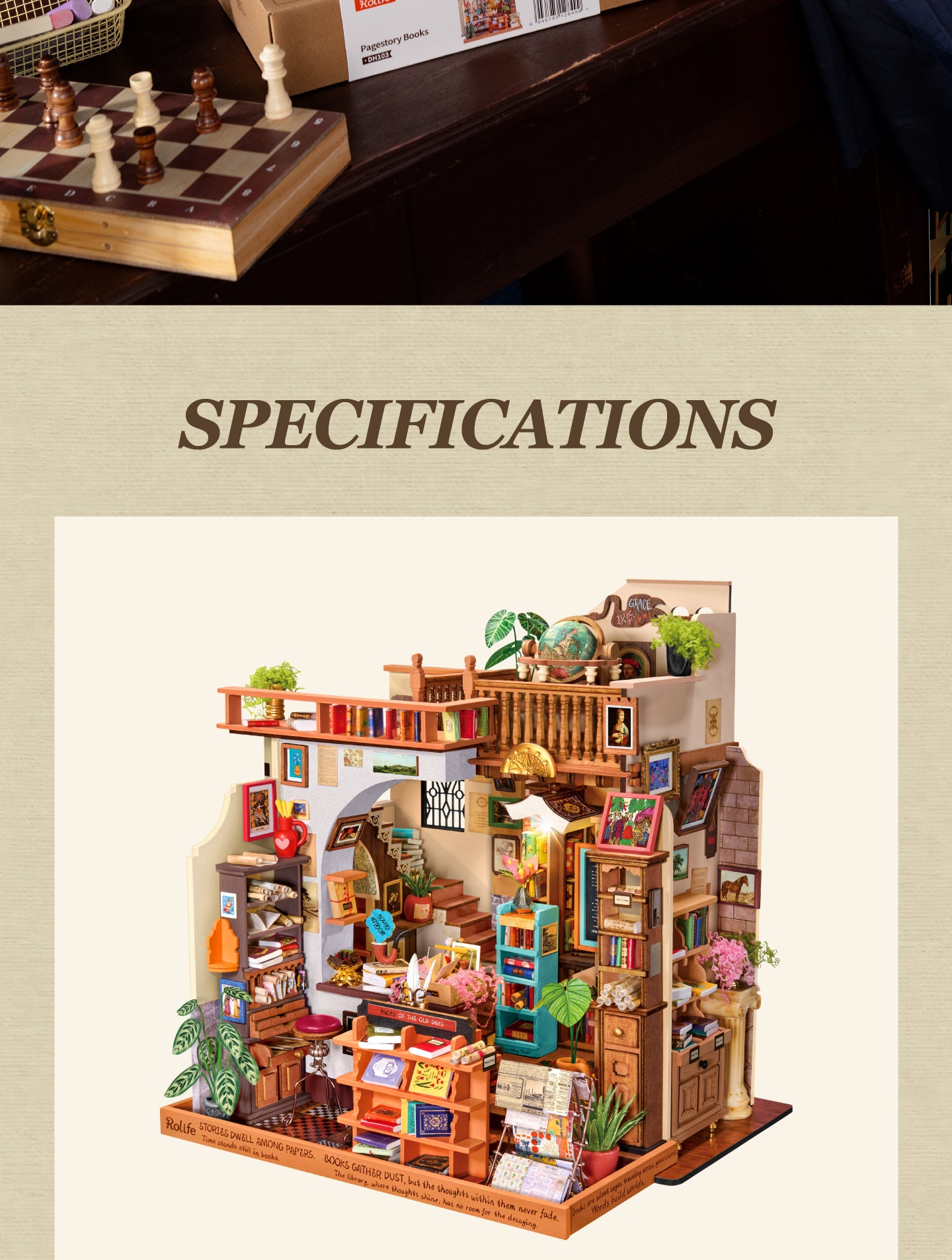 Pagestory Books collection display with matching miniature kits