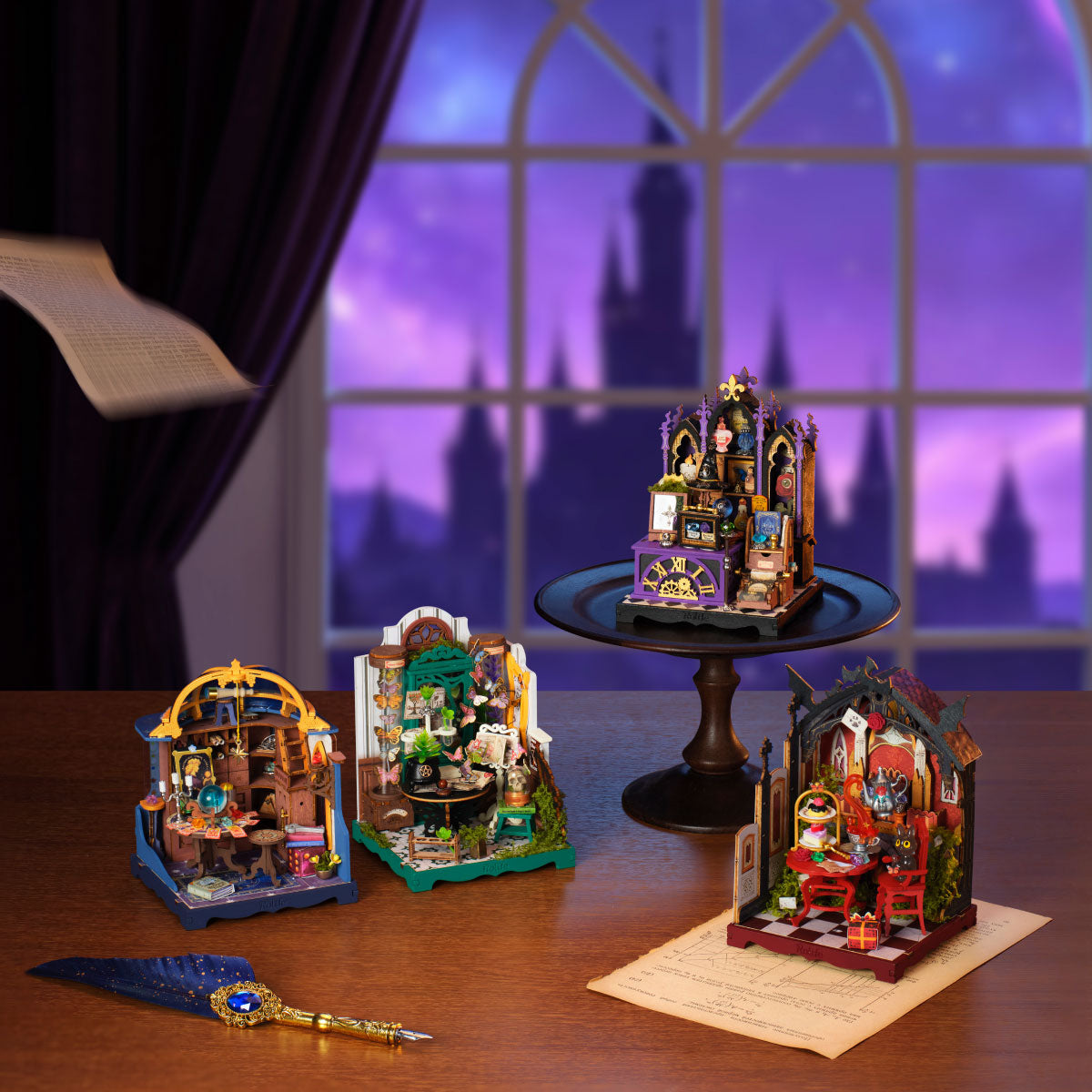 Rosa Salon, Curio Corner, Potions Workshop and Astral Dome displayed as a magical Halloween miniature collection