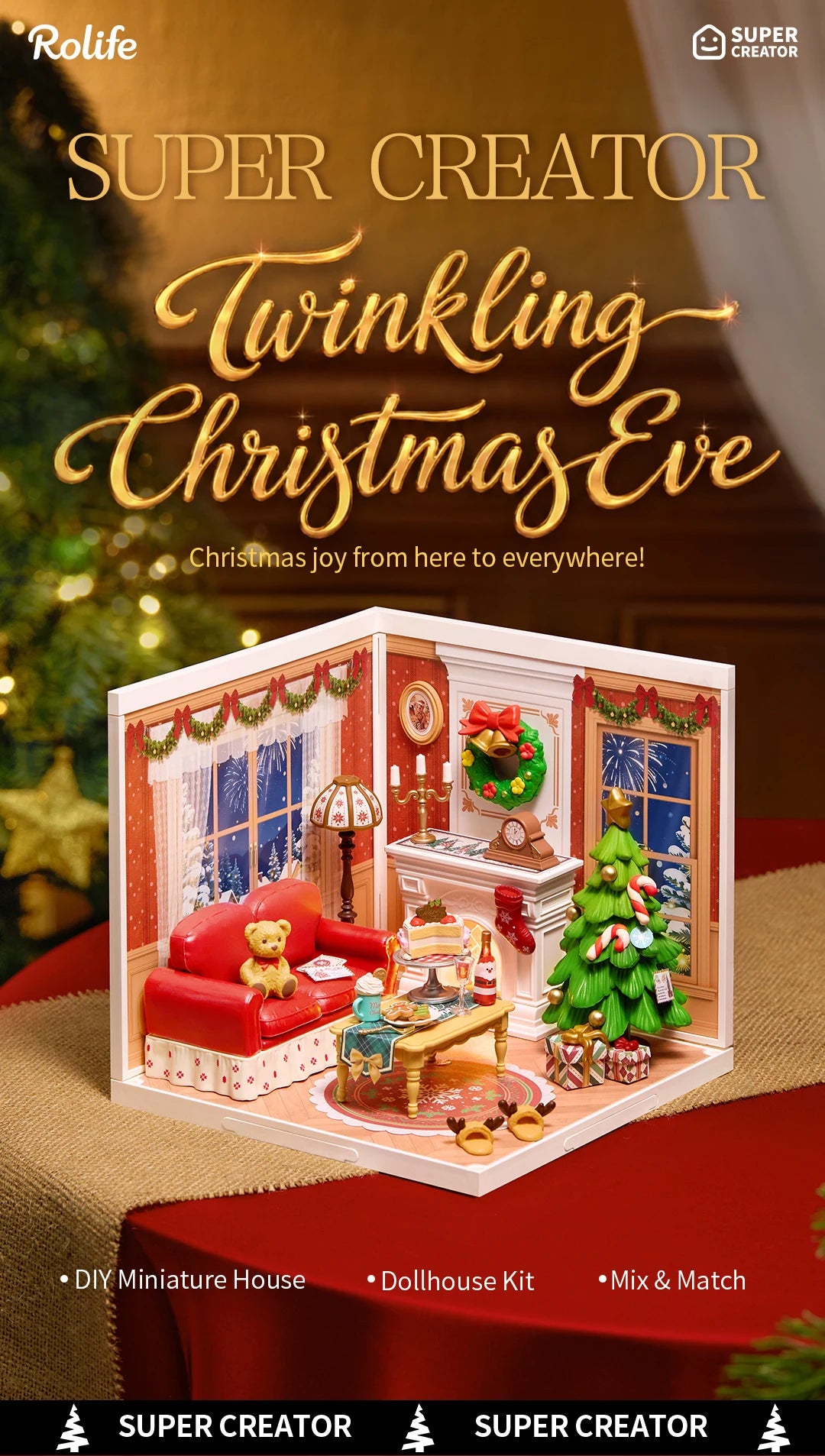 Rolife Super Creator Twinkling Christmas Eve DIY miniature house kit, open-front room with red sofa, fireplace, Christmas tree, gifts and festive decorations on a red table.