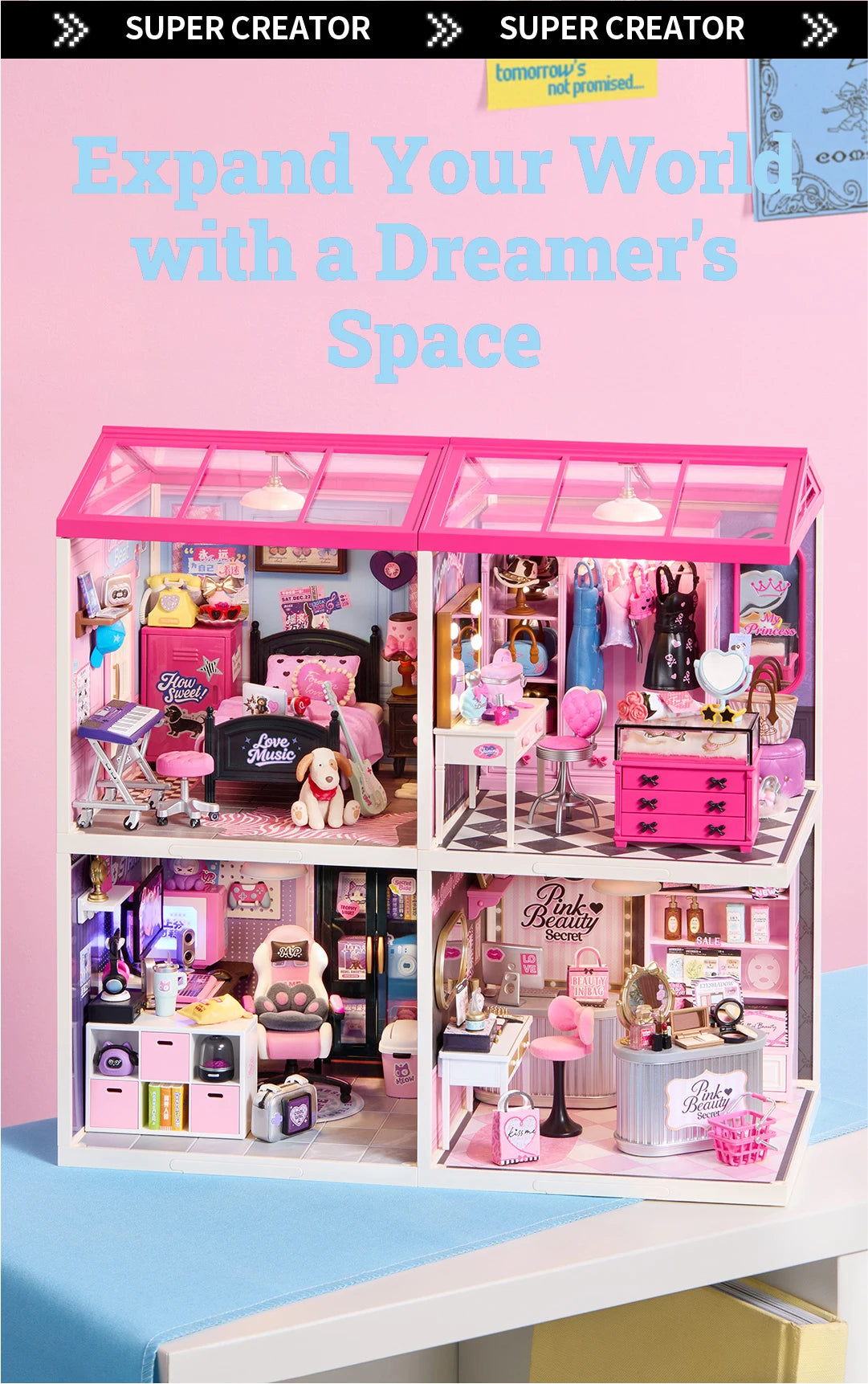 Four-module miniature dollhouse with pink roof panels, showing a bedroom, dressing room, gaming room and pink beauty shop interior.