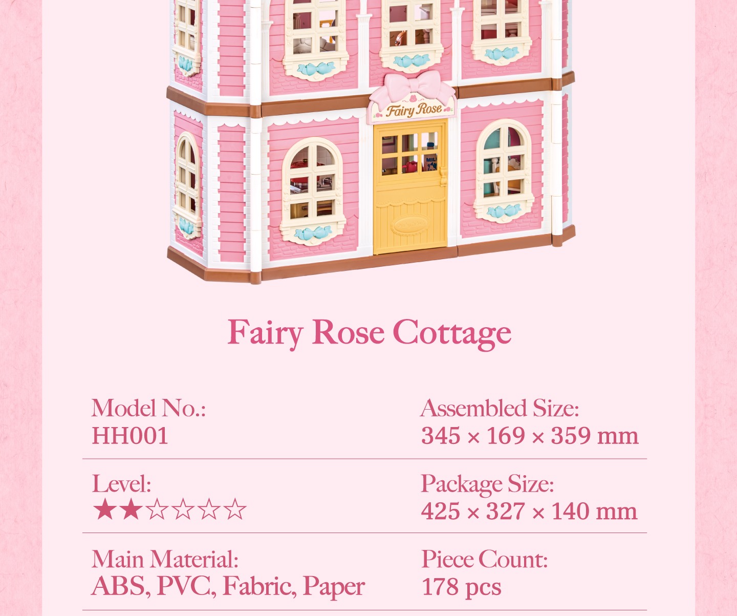 Fairy Rose Cottage HH001 specs, 178 pieces, 345 x 169 x 359 mm assembled size