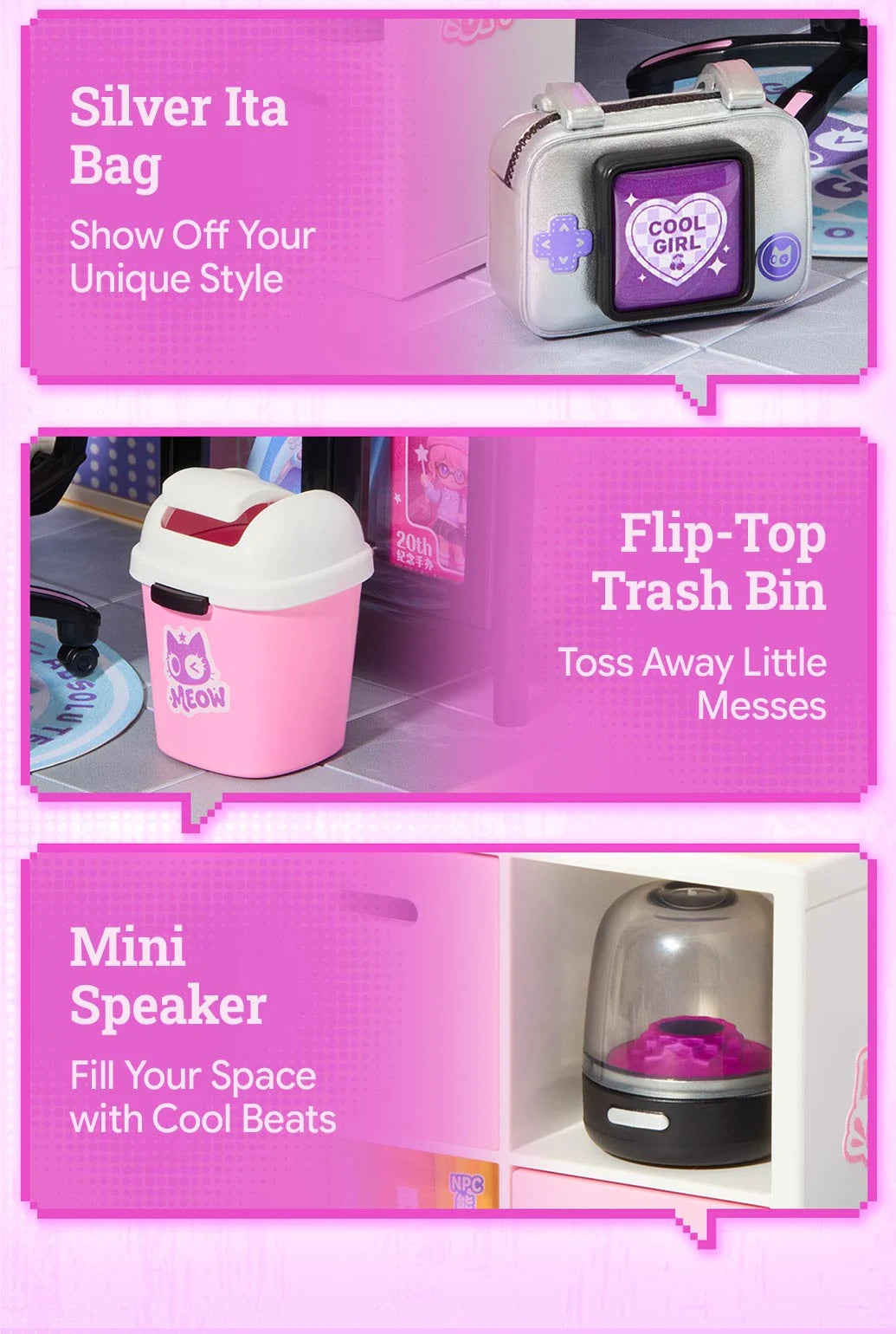 Three pink-framed detail panels show a silver mini bag with a purple 'COOL GIRL' screen, a pink flip-top trash bin with a cat 'MEOW' graphic, and a mini speaker with a clear dome in a white shelf.