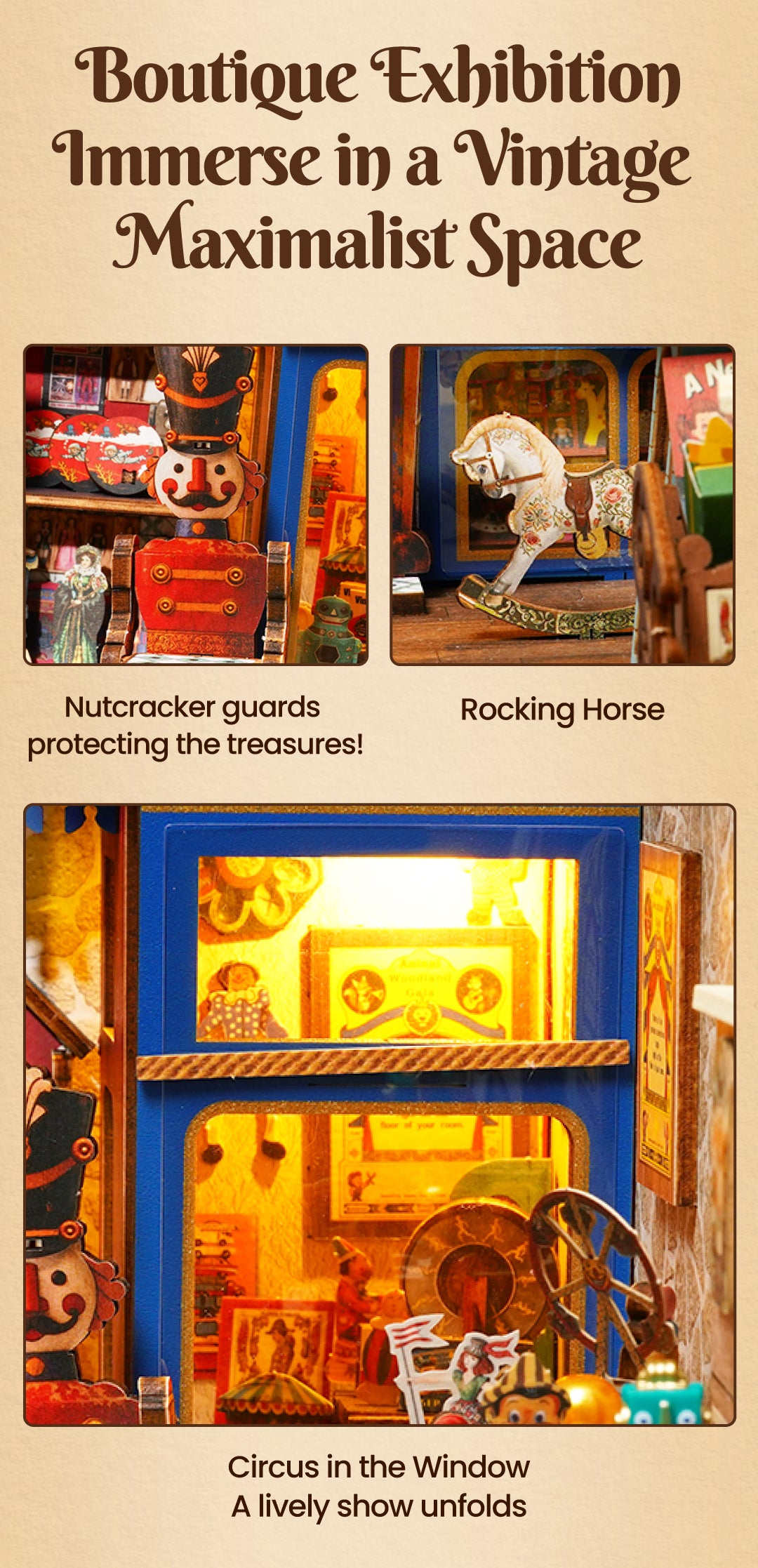Treasure Toy Shop detail image showing Warm Lights Bring It to Life: Two lights brighten the shop and reveal its colorful toys, glowing windows, and inviting atmosphere after dark.