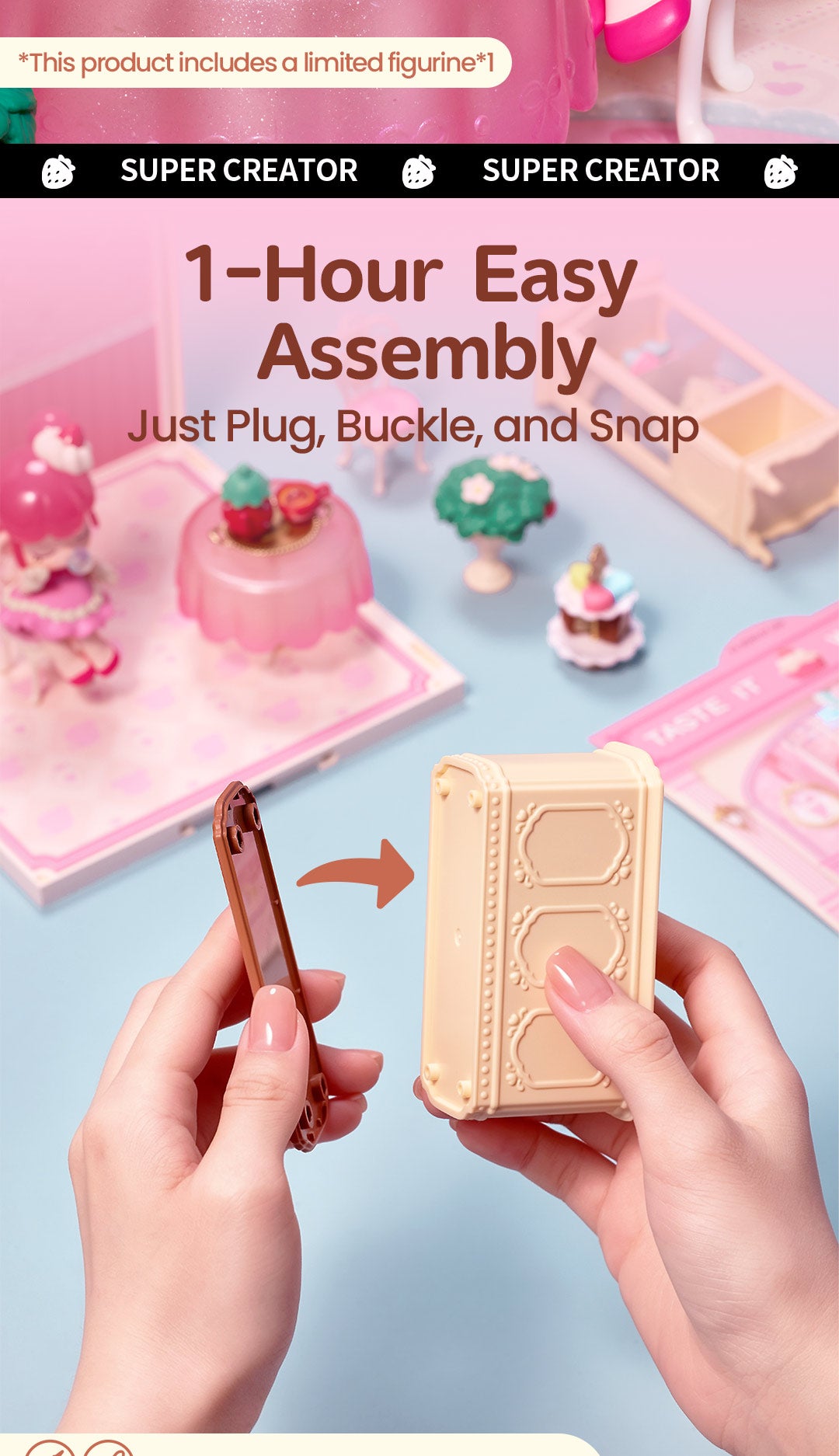 Rolife Nanci Strawberry Teatime Super Creator detail image showing A Pastel World That Grows: Compatible rooms connect in several directions as your layout grows.