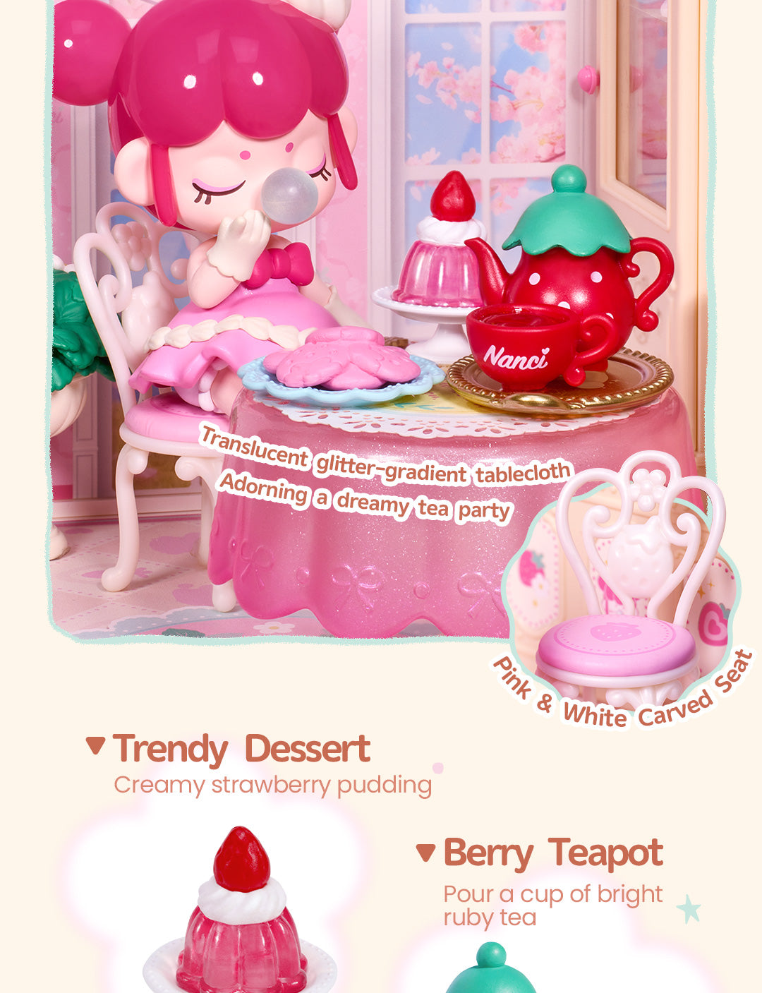 Rolife Nanci Strawberry Teatime Super Creator detail image showing Soft Sparkle of the Tablecloth: Fine glitter reflects light across the translucent tablecloth.