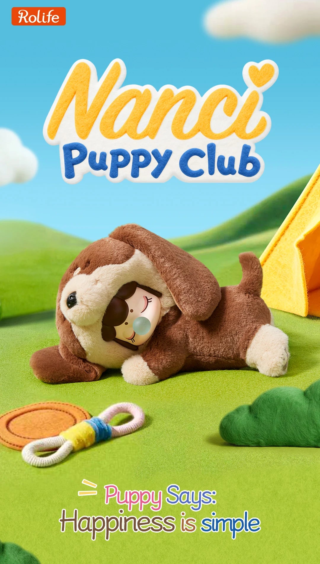 Rolife Nanci Puppy Club promotional graphic showing a brown-and-cream Dachshund plush doll with floppy ears and a sleeping Nanci face beside a yellow tent and rope toy; slogan: Happiness is simple.