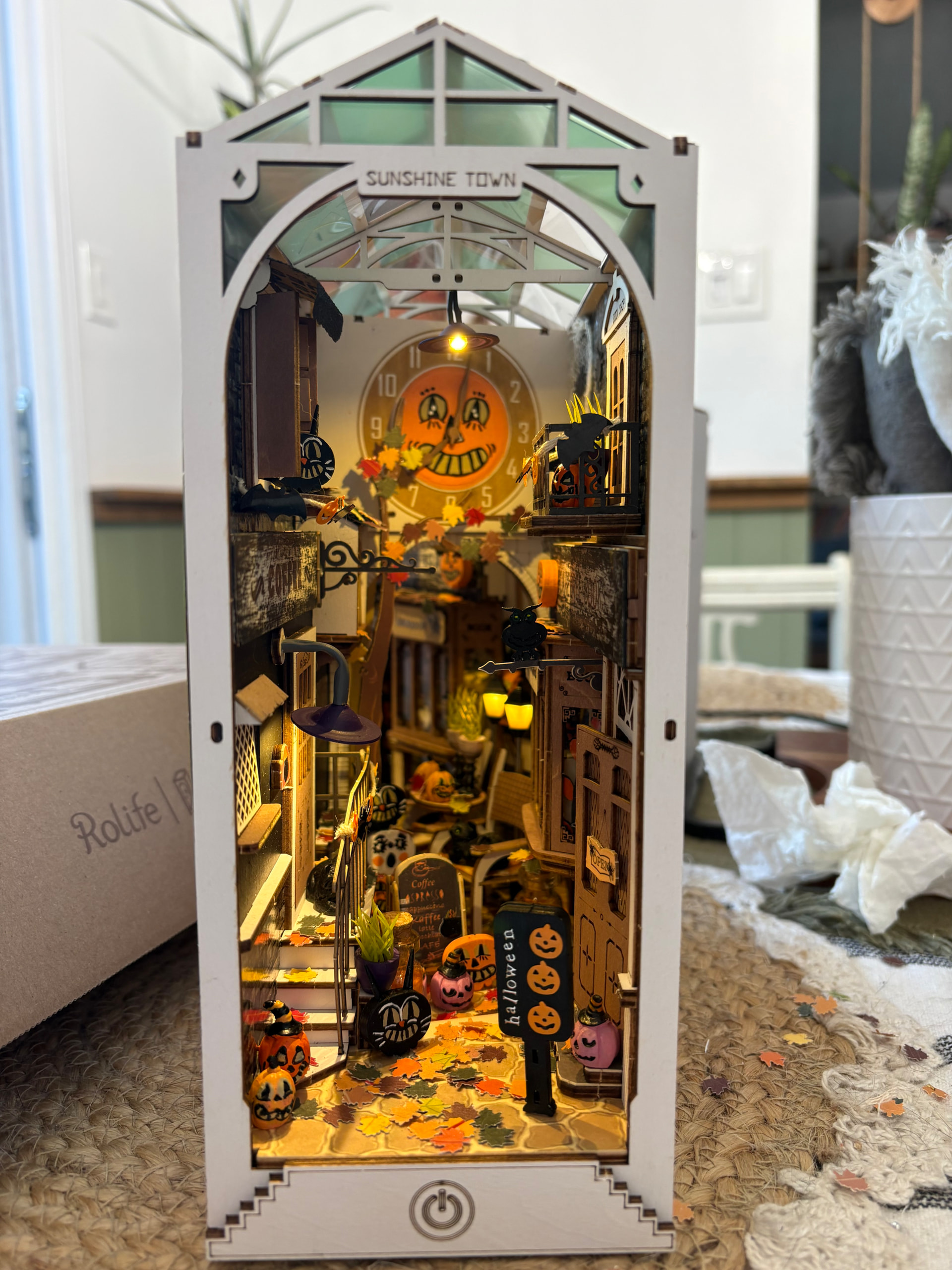 Rolife Community maker Jessica_Nell's completed Sunshine Town TGB02 Vintage Halloween Alley with lights on