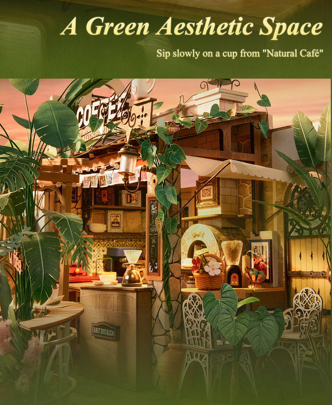 Leafree Café detail image showing Warm Light: Soft LED turns the finished café into inviting décor.