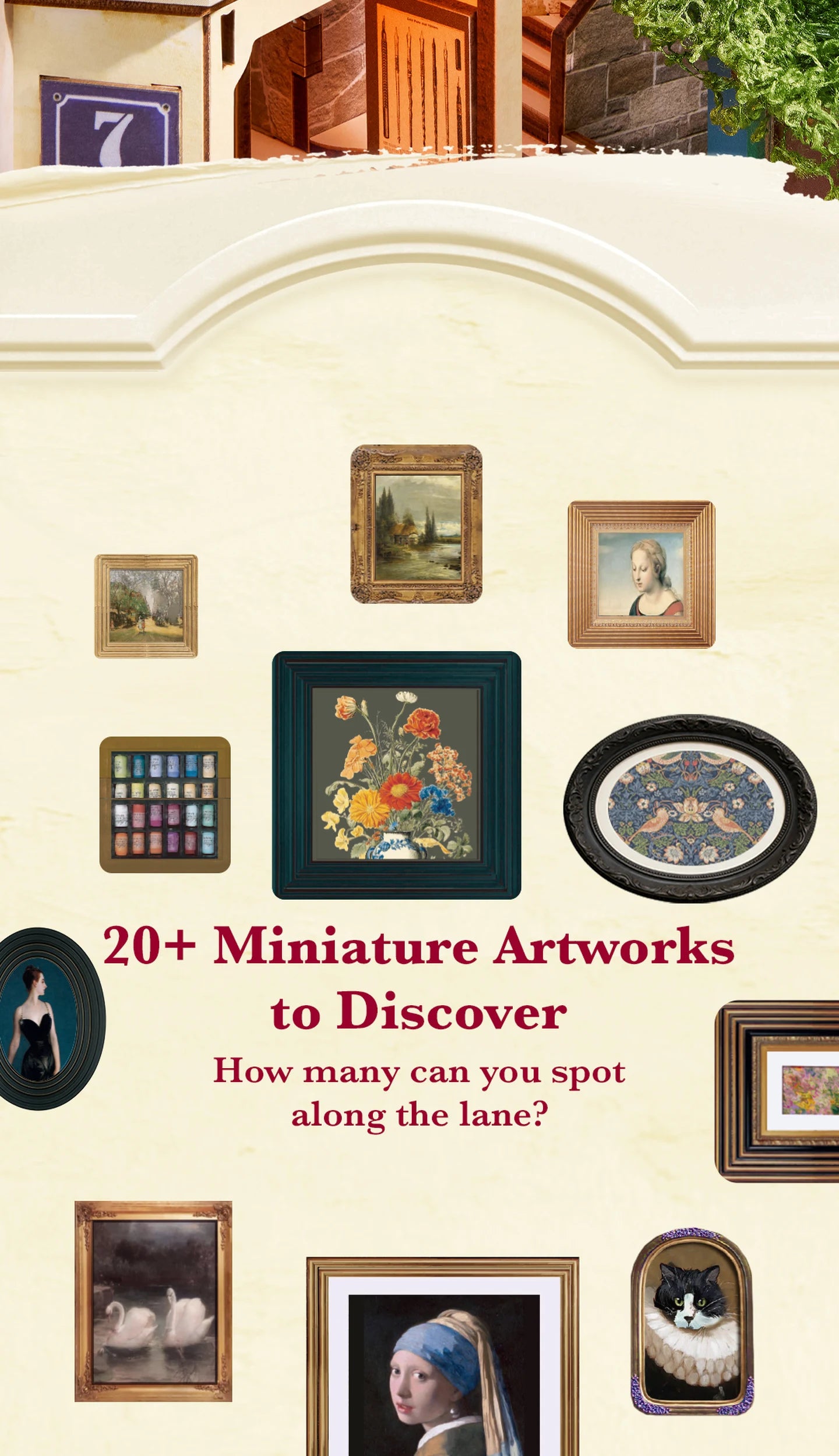 Collage of miniature framed artworks on a cream background, including floral still life, portraits, landscape, swan painting and cat portrait, with red text reading 20+ Miniature Artworks to Discover.