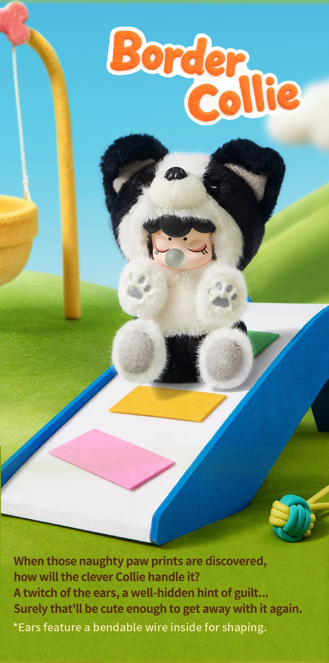 Nanci Puppy Club Border Collie character graphic showing a black-and-white plush doll seated on a blue slide with colorful steps; text notes bendable wire inside the ears for shaping.