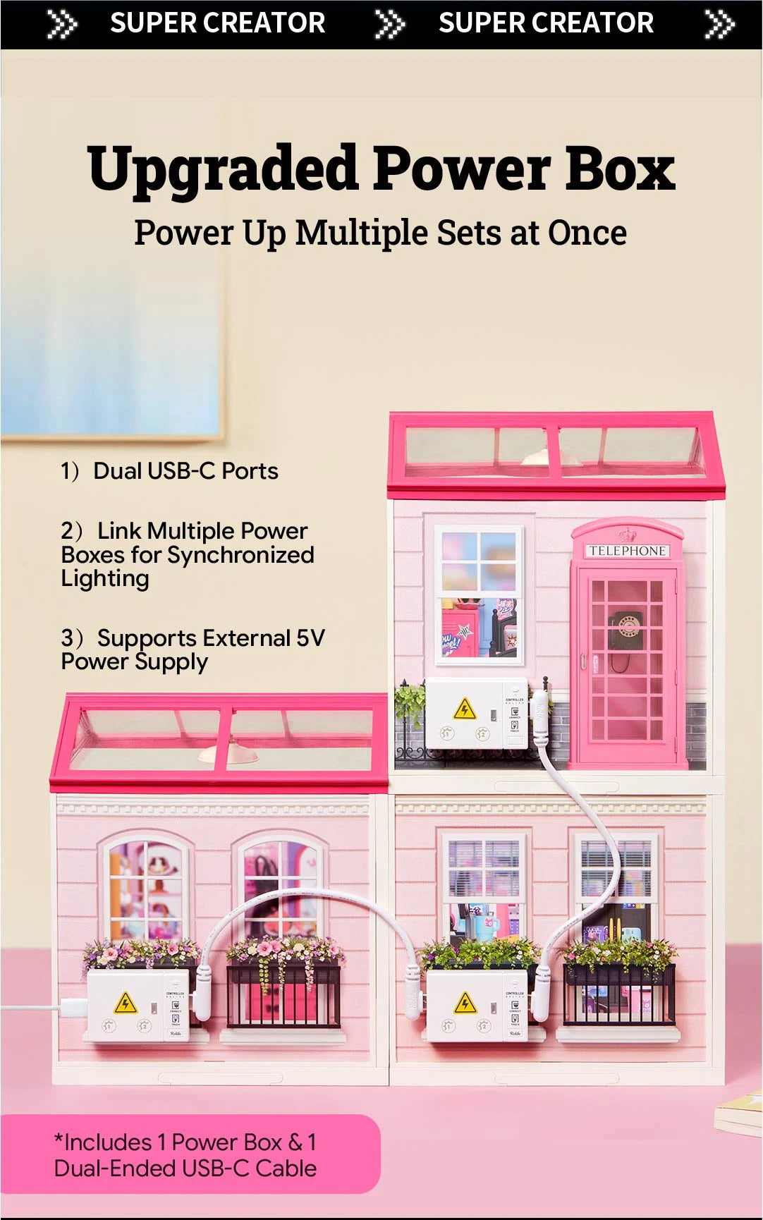 Four pink miniature house modules linked by white cables to power boxes, with text listing dual USB-C ports and synchronized lighting.